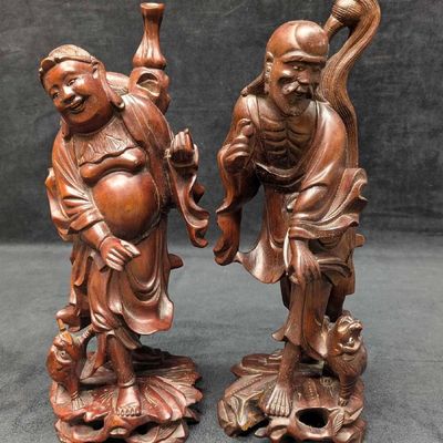 Sale Photo Thumbnail #1231: Vintage Wooden Laughing Budai Buddha And Skinny Man Statues