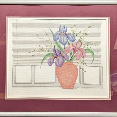 Sale Photo Thumbnail #1131: Framed Cross Stitch Embroidery Iris Flowers In Pot