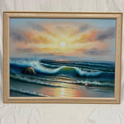 Signed Seascape Oil Painting on Canvas Sunset Ocean Waves with Seagulls