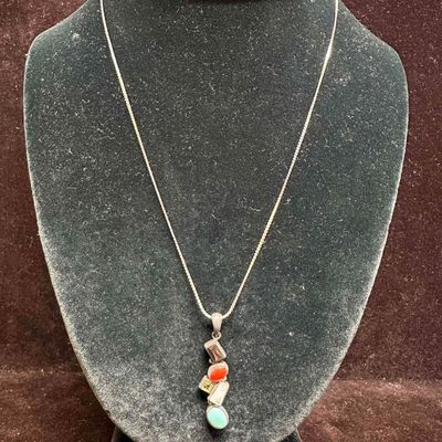 925 LT Thailand Sterling Silver Necklace and Multi Gemstone Tiered Pendant D76