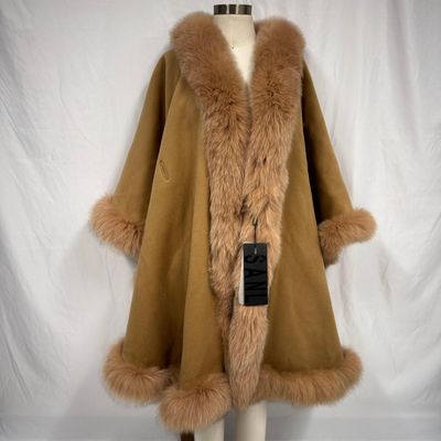 SANL Wool Cape with Fox Fur Trim Oversized Collar