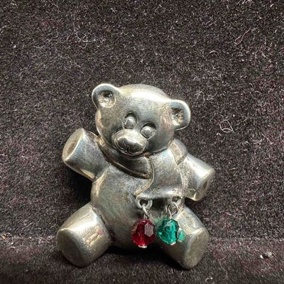 Teddy Bear Christmas Holiday Theme Sterling Silver Brooch