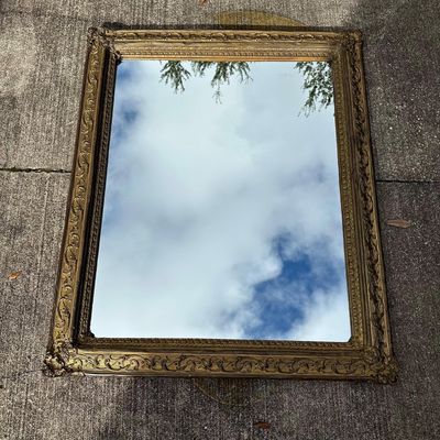 Large Antique Ornate Gilt Metal and Wood Wall Mirror Victorian Baroque Revival Style
