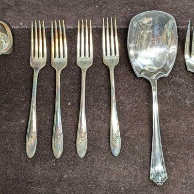 7 Vintage Silver Plated Forks & Serving Ladle & Spoon