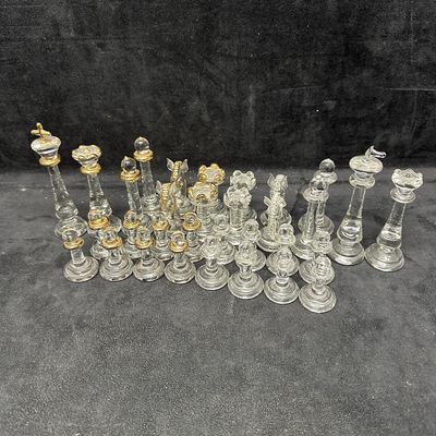 Glass Chess Set with Gold Tone Accents Complete 32 Pieces