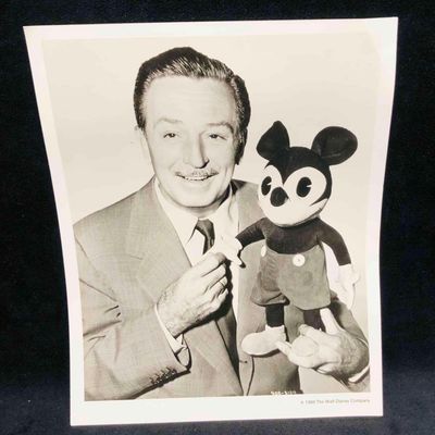 Sale Photo Thumbnail #1077: Best Buddies Black & White Photograph Of Walt Disney & One Of The Very First Mickey Dolls (2)