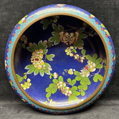 Chinese Cloisonne Enamel Floral Bowl Cobalt Blue Brass Rim