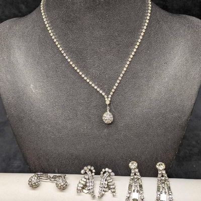 Vintage Silver Tone Unsigned Rhinestone Necklace And Earrings Lot Of 4