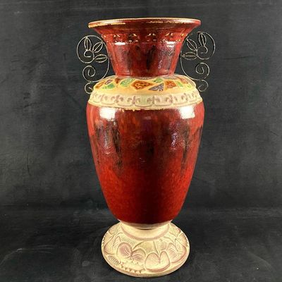 Large Hand Painted Stone Pattern Burgundy Handled Ceramic Vase