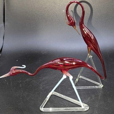 Pair Of Bimini Style Hand Blown Glass Red Egrets B
