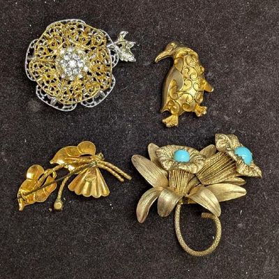 Vintage Napier J.J. German Floral And Penguin Brooch Pin Lot Of 4