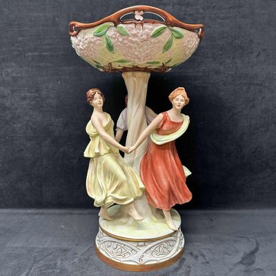 Sale Photo Thumbnail #1232: Royal Dux Bohemia Three Graces Porcelain Compote Centerpiece Pedestal Art Nouveau Bowl R153