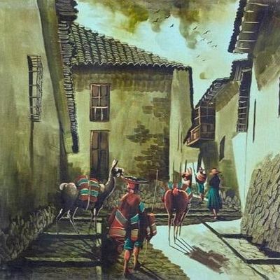 Peruvian Village Painting, Oil on Canvas Signed