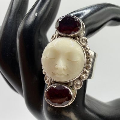 Sale Photo Thumbnail #1156: Carved Moon Face Cabochon Sajen Sterling Ring Red Garnet AB53