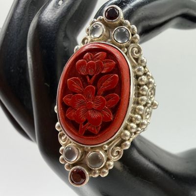Sale Photo Thumbnail #1154: Sajen Art Deco Floral Sterling Silver Ring Red Cinnabar Carved