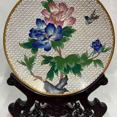 Vintage Chinese White Cloisonne Plate & Display Stand