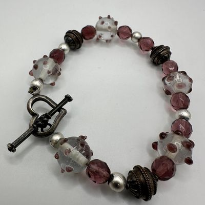 Sale Photo Thumbnail #1193: Purple Clear Art Glass Beaded Sterling Silver Accent Bracelet Heart Clasp