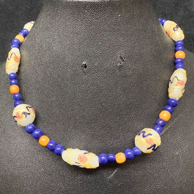Murano Venetian Lamp Work Glass Art White Floral Blue Peach Colored Accents Beaded Necklace E88