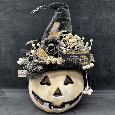 Sale Photo Thumbnail #1114: Karen Didion Lighted Fiber Optic White Pumpkin with Black Witch Hat Light Up Decor