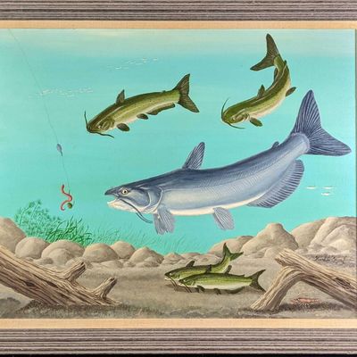 Original Framed Acrylic On Canvas Fishing Karl Karalus (1926-2013)