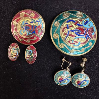 Vintage Celtic Enamel Jewelry Group Brooches and Earrings Made in Ireland