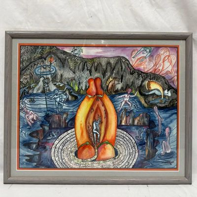 Sale Photo Thumbnail #1216: Surrealist Watercolor Mixed Media Painting by L. Hidalgo 1976 Original Artwork