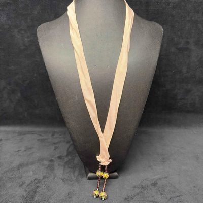Murano Venetian Lamp Work Glass Bead Black Floral Flower Four Beaded Pink Ribbon Necklace