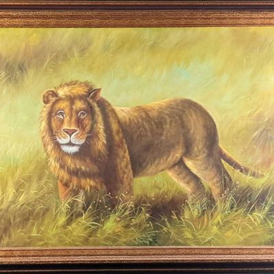 Original Framed Acrylic On Canvas Friendly Lion