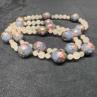 Venetian Murano Lamp Work Art Glass Floral Blue Bead Clear Beaded Accents Long Necklace B92