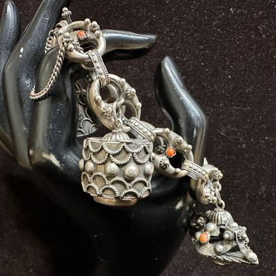 800 Silver Amber Tigers Eye Ornate Fob Charms Bracelet R10