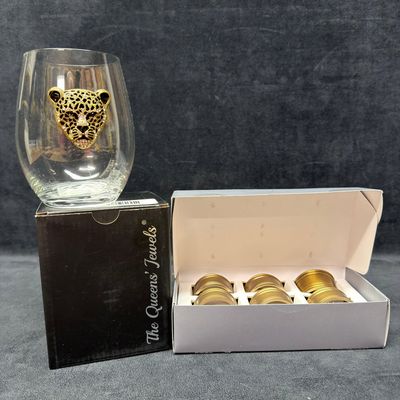 Sale Photo Thumbnail #1149: Williams Sonoma Brass Finish Pantry Napkin Rings and Queens Jewels Leopard Stemless Wine Glass