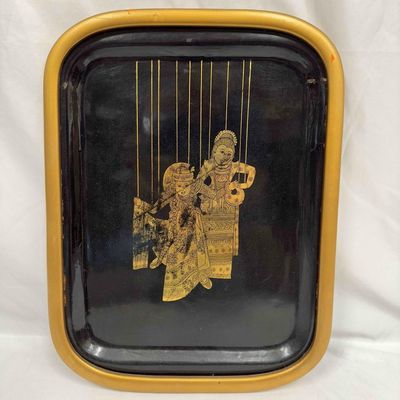 Toleware Serving Tray Framed Gold Black Lacquer Puppet Marionettes