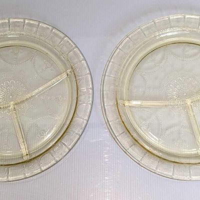 2 Yellow Depression Glass Divided Plates A