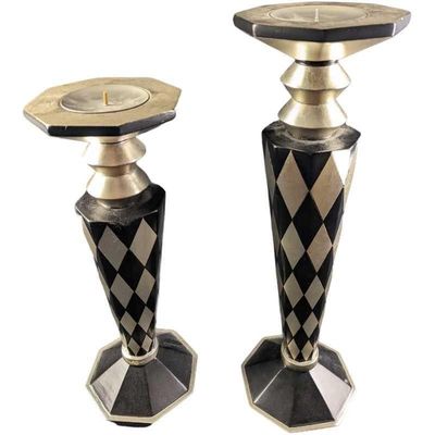 Pair Of Modern Black & Silver Wood Candlestick Holders