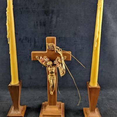 Vintage Wooden Candle Holders & Crucifix & Candle