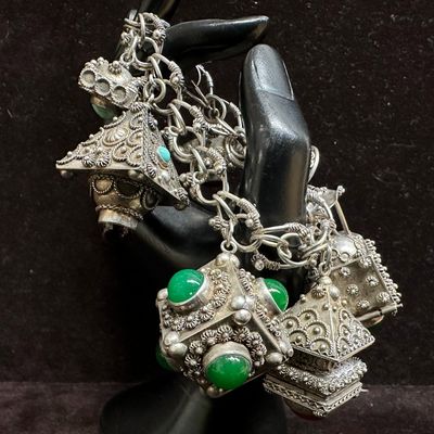 Italian Etruscan Revival Style Chunky Fob and Locket Stone Amber Lapis Multi Charm Silver Bracelet