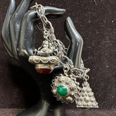 Natural and Faux Stone Ornate Multi Fob Charm 800 Silver Bracelet R73
