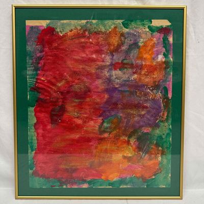 Framed Abstract Mixed Media Painting on Paper Bold Red Purple and Orange