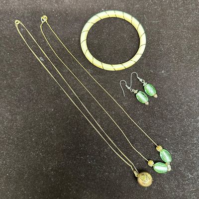 Costume Jewelry Lot Passaic Valley Gold-Filled Necklace Murano-Style Green Glass Set and Inlaid