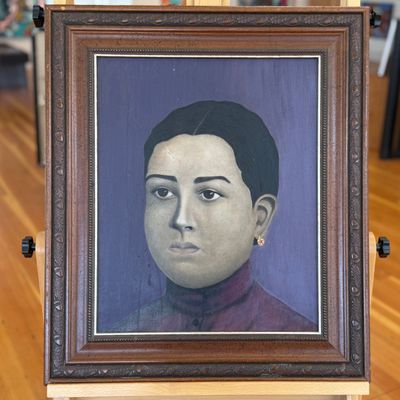 Sale Photo Thumbnail #49: FOLK ART STYLE PORTRAIT, OIL ON BOARD