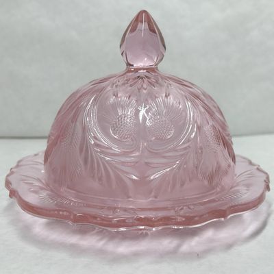 MOSSER INVERTED THISTLE PINK GLASS BUTTER DISH