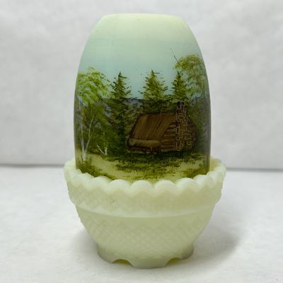 HAND-PAINTED CUSTARD GLASS FAIRY LAMP, 1976