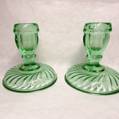 PAIR OF GREEN URANIUM GLASS SWIRL CANDLESTICKS