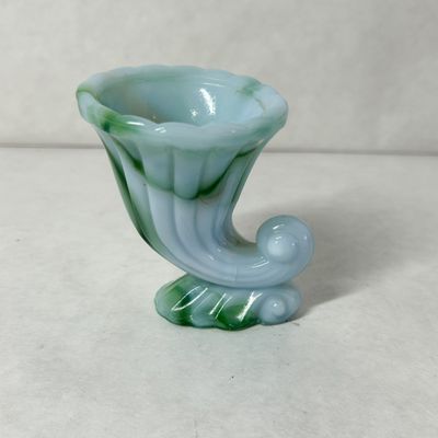 BLUE AND GREEN SLAG GLASS CORNUCOPIA