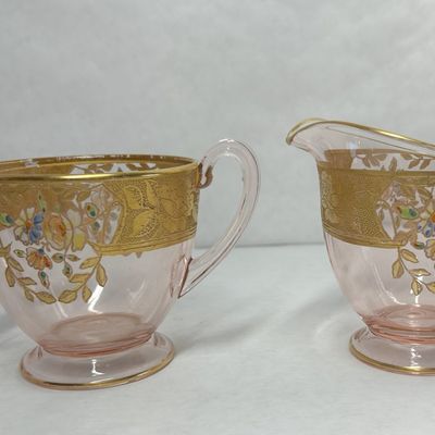 LOTUS PINK GLASS CREAMER AND SUGAR, CIRCA 1930