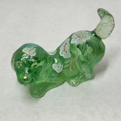 FENTON IRIDESCENT GREEN GLASS DOG, 2000