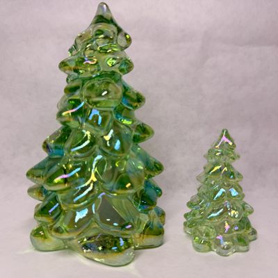 MOSSER PAIR OF IRIDESCENT GREEN GLASS TREES