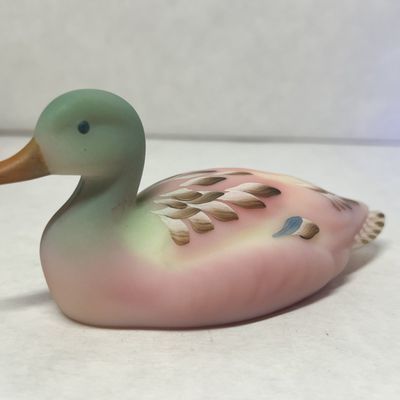 FENTON BURMESE GLASS MALLARD DUCK, C.1990
