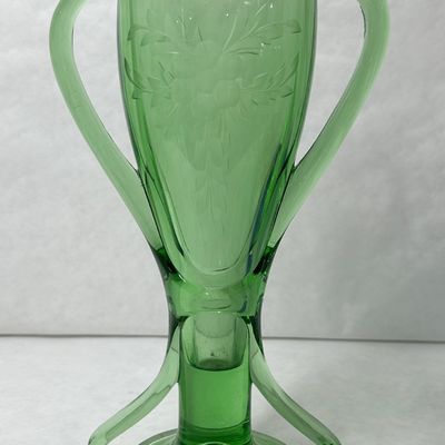 THREE-HANDLED GREEN ETCHED GLASS VASE, C. 1930