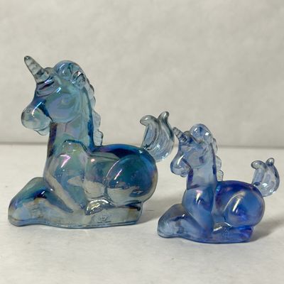 PAIR OF IRIDESCENT BLUE GLASS UNICORNS